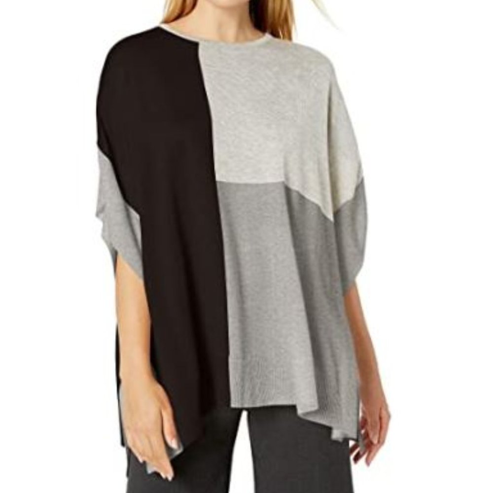 Calvin Klein Gray Ribbed Trim Colorblock Poncho